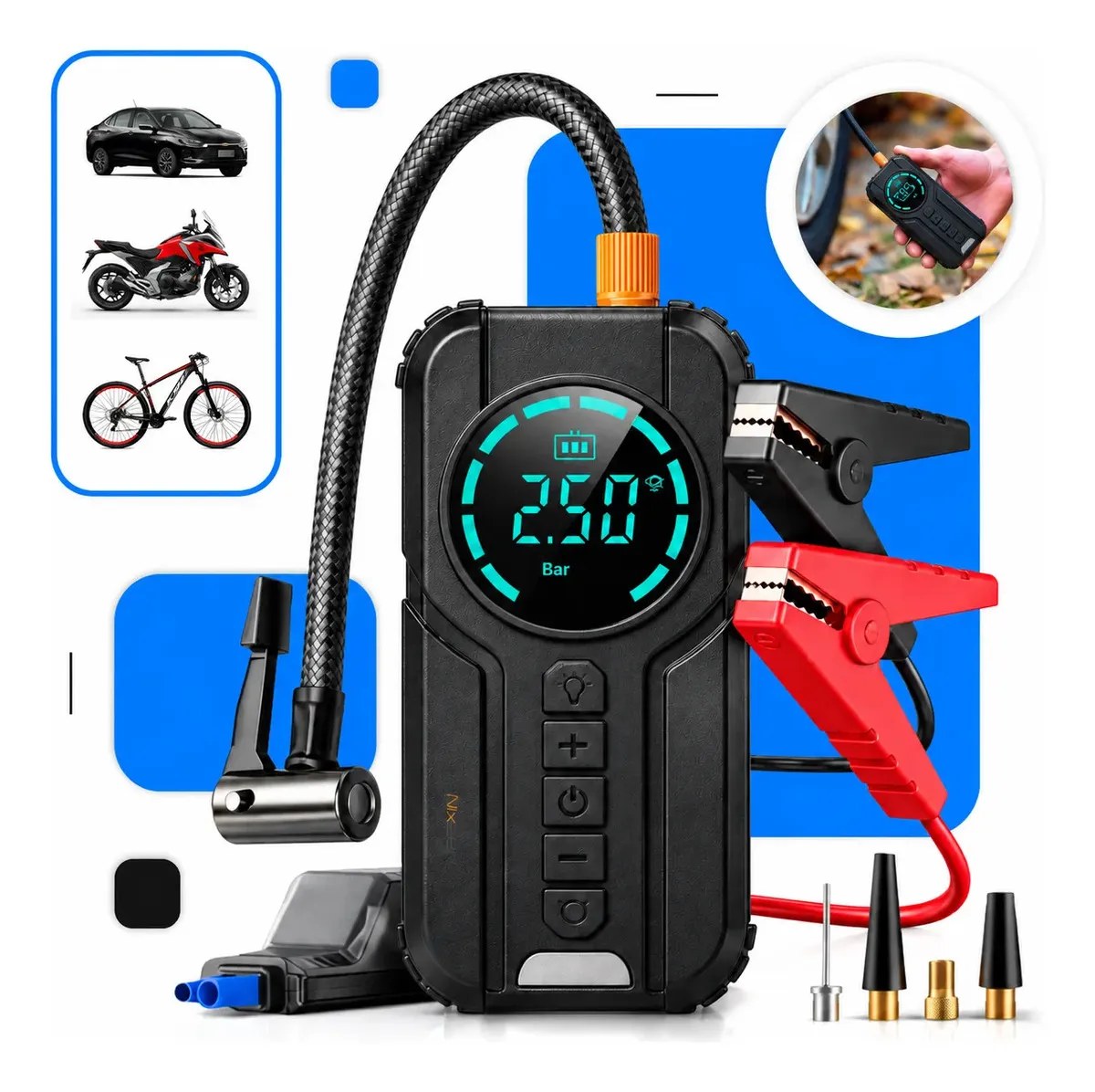 Auxiliar de Partida Carregador Bateria Com Compressor De Ar Portátil Veicular Emergência 6 em 1 Inteligente Digital 12V Calibrador Pneu Auto