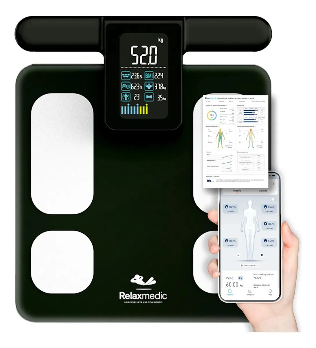 Balança Bioimpedância Corporal Digital 8 Sensores Profissional Bodyscan - Relaxmedic Cor Preto