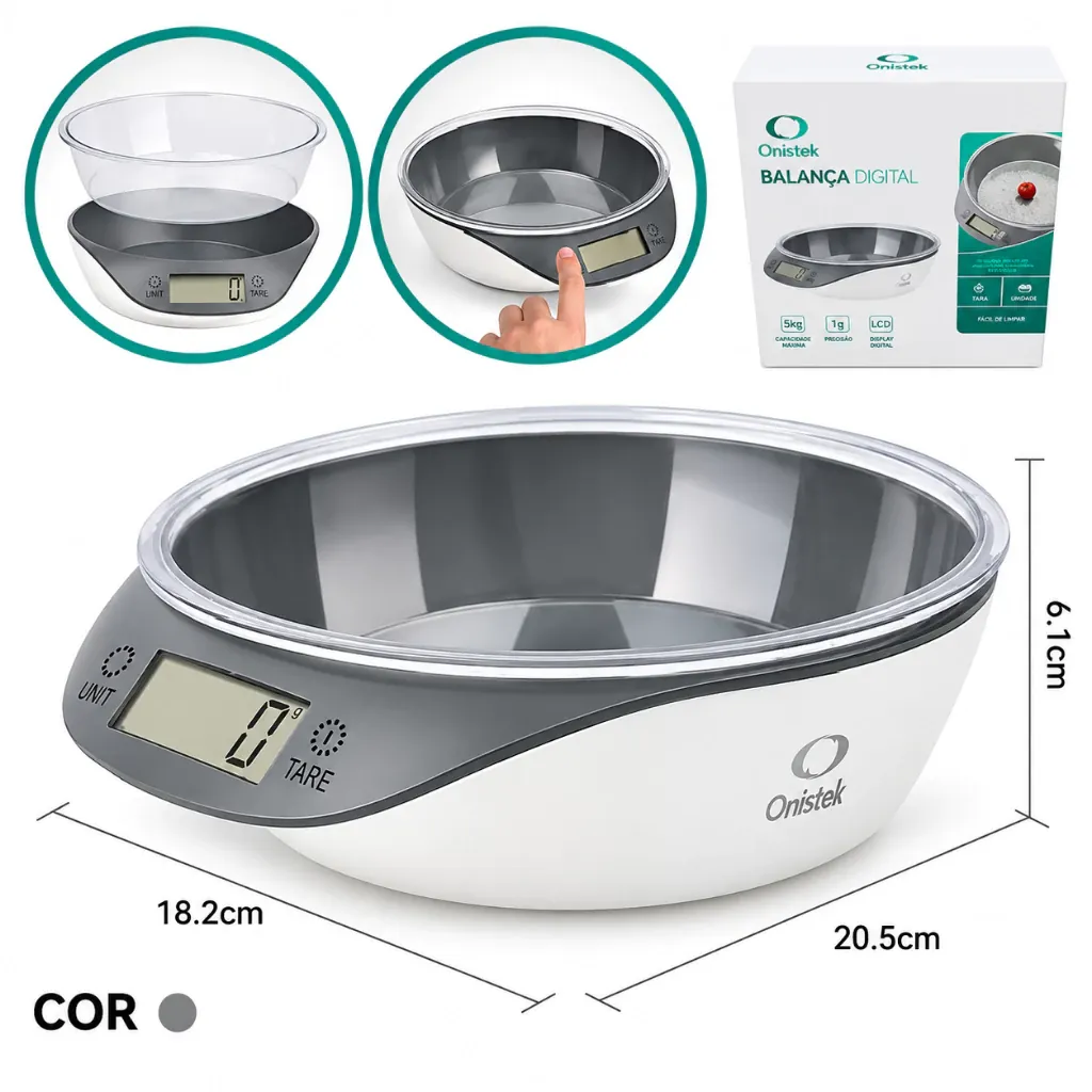 Balança Digital de Cozinha 5kg Precisão 1g com Tigela Removível Função Tara Display LCD Onistek