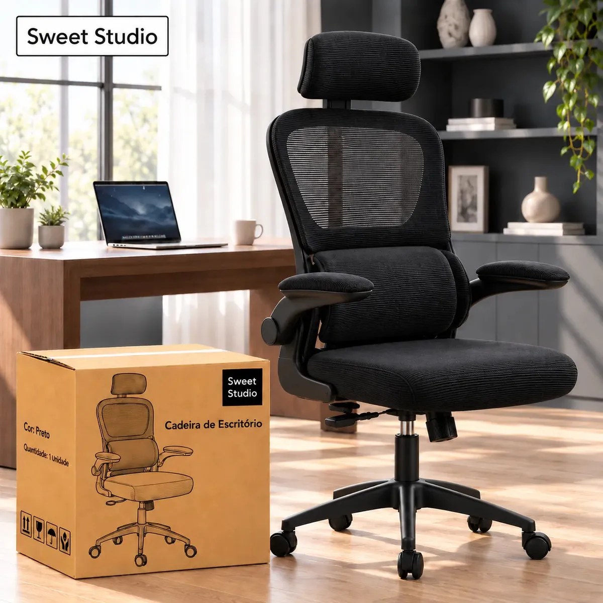 Cadeira Sweet Studio Escritório Ergonômica Giratória Preto Com Apoio Lombar e Apoio de cabeça