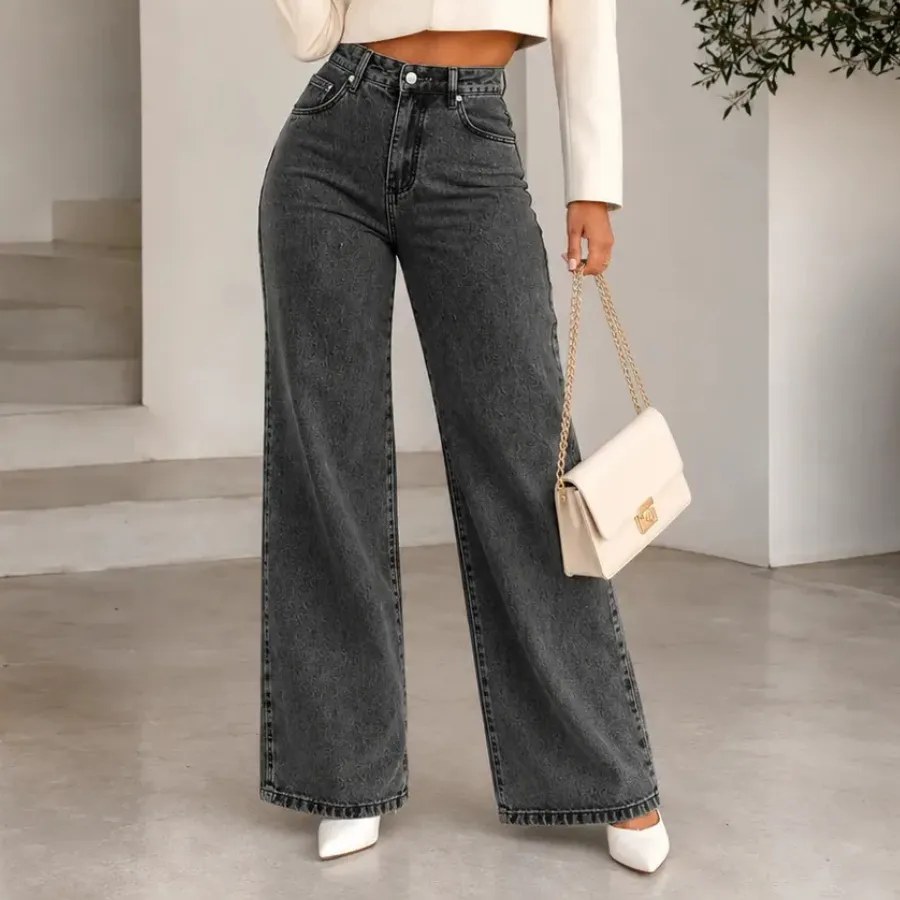 Calça Jeans Pantalona Wide Leg Feminina Cintura Alta Larga