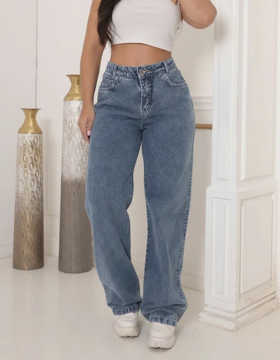 Calça Jeans Wide Leg Feminina Cintura Alta Sem Lycra Stillge