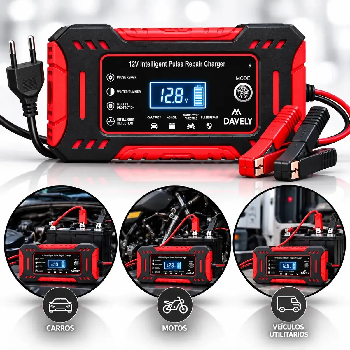 Carregador de Bateria 12V 6A Bivolt Inteligente Carro Moto Caminhão Automotivo 4Ah a 100Ah Com Função Reparo Display Digital Proteção Carga