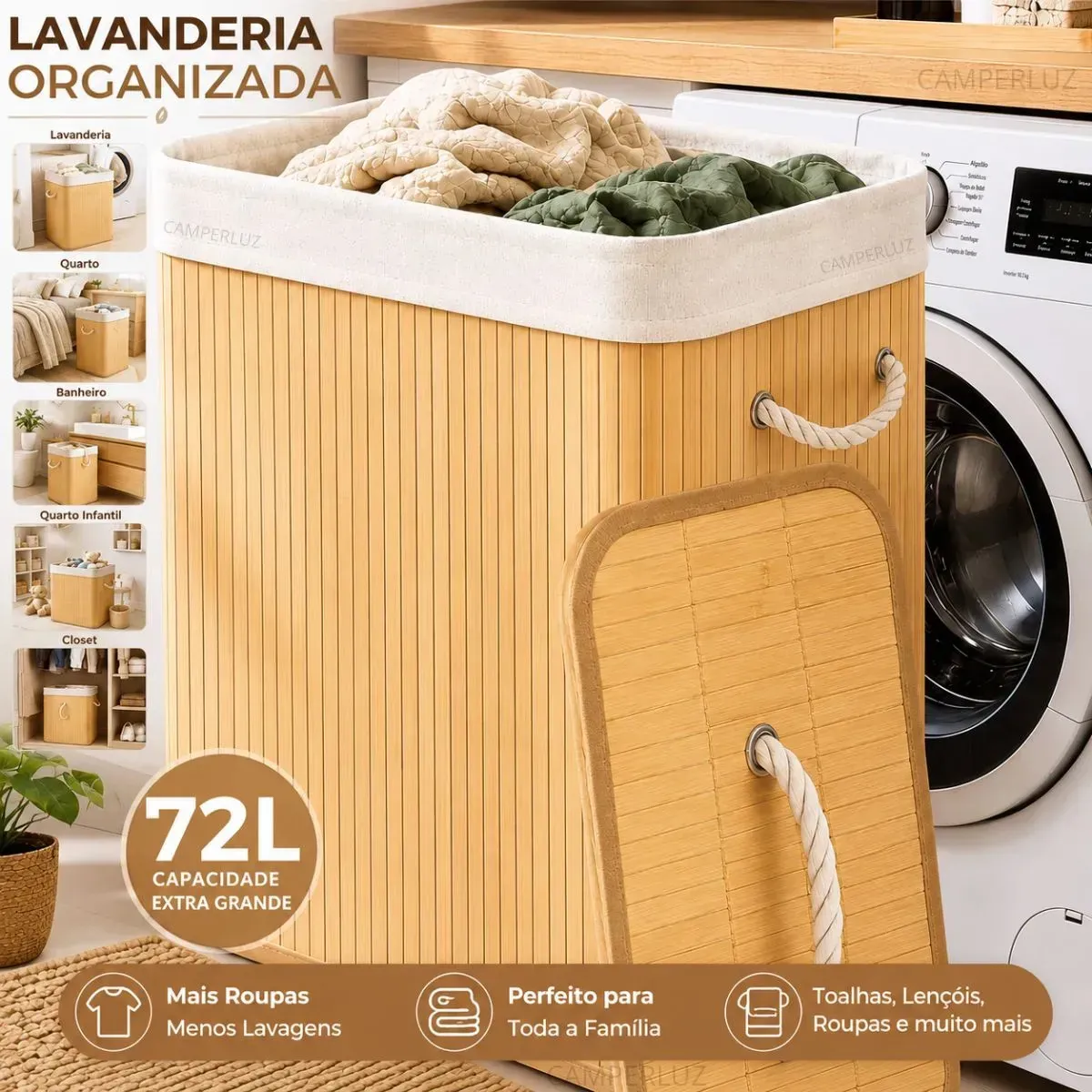 Cesto Organizador De Roupa Bambu Dobrável Retangular Com Tampa Forro e Alças 72 Litros Grande Capacidade Reforçado Caixa Organizadora para B
