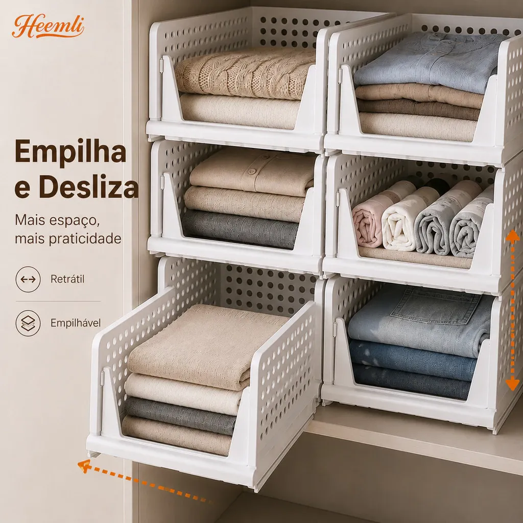 Cesto Organizador Dobrável Empilhável para Guarda-Roupa com Acesso Deslizante Heemli