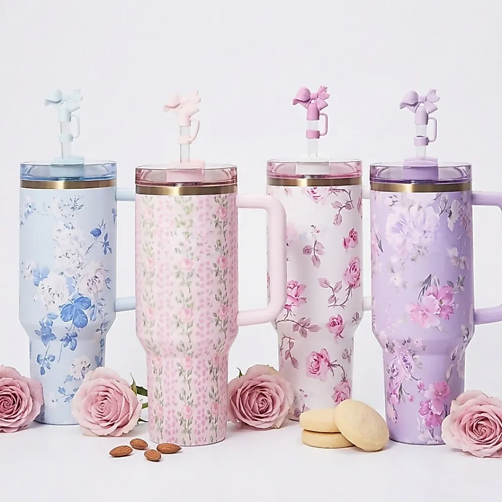 Copo Garrafa Térmica Inox 1200ml Estampa Floral Com Canudo E Alça