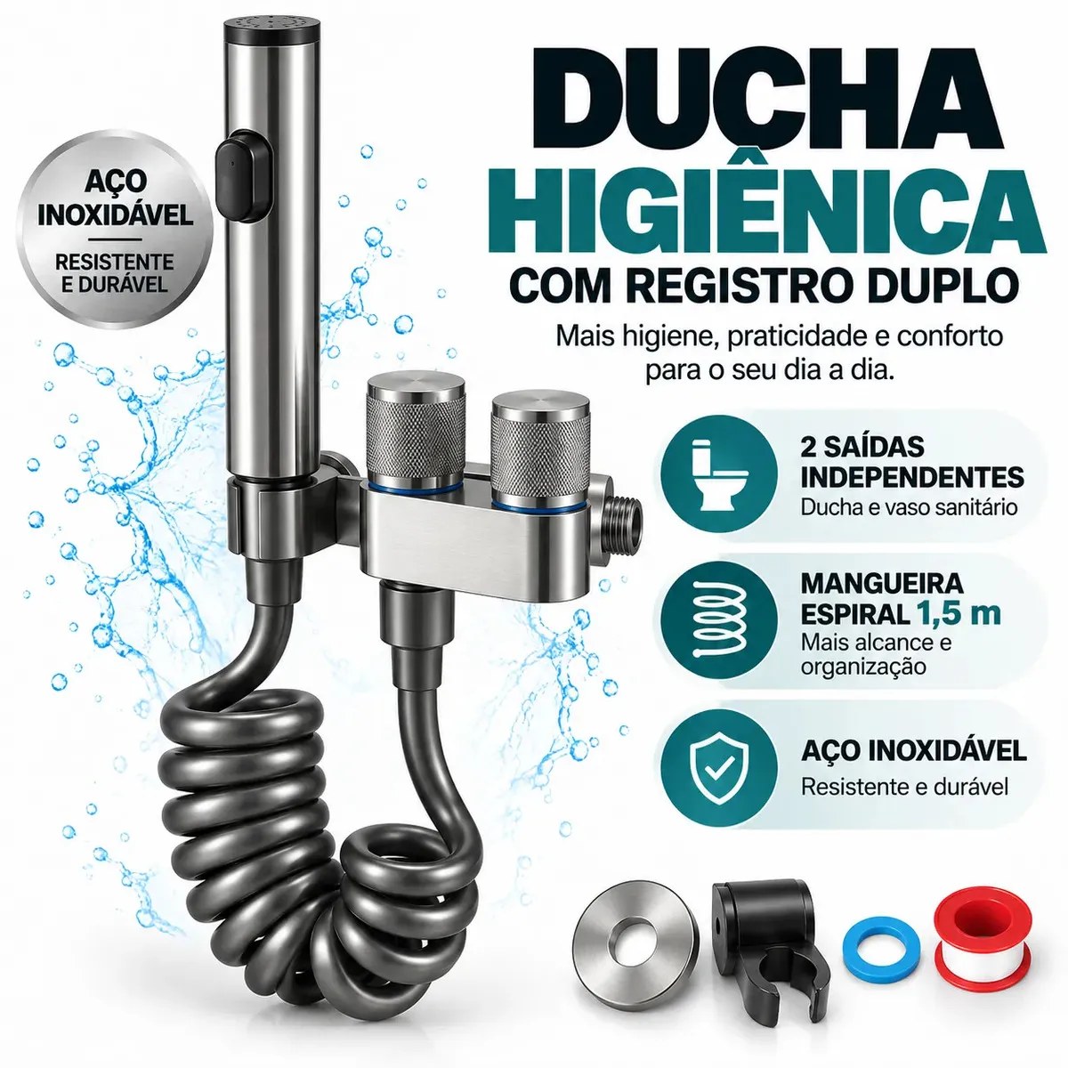 Ducha Higiênica Inox com Botão, Registro Duplo Independente, 2 Saídas e Mangueira Espiral 1,5m para Banheiro
