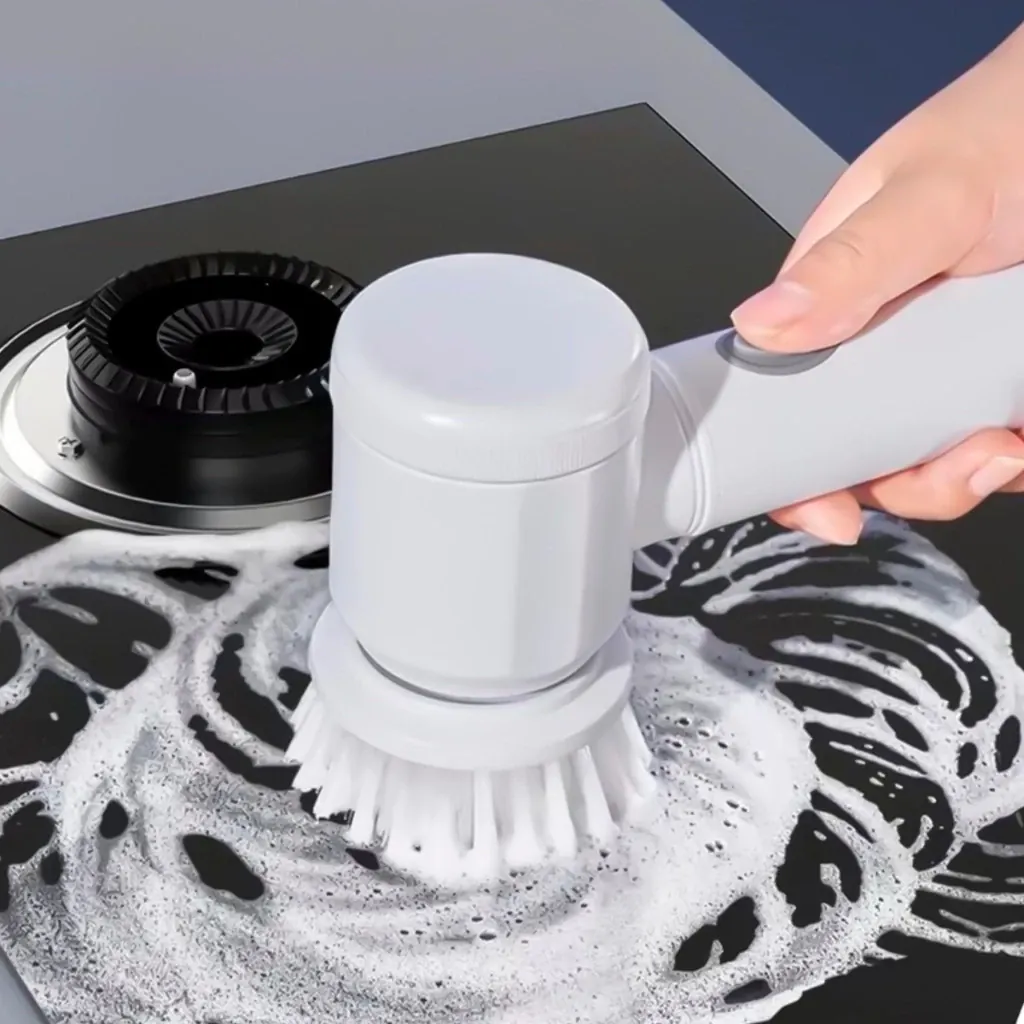 Escova Elétrica de Limpeza Sem Fio Recarregável USB com 3 Acessórios e Gancho para Cozinha e Banheiro