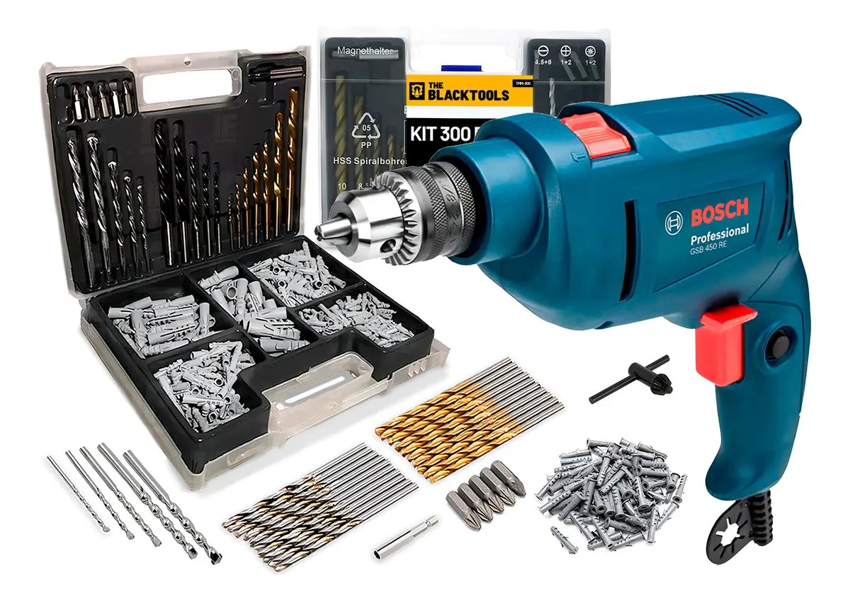 Furadeira de Impacto Bosch 450W 10mm GSB 450 RE com Jogo de Brocas Bits 300 Peças
