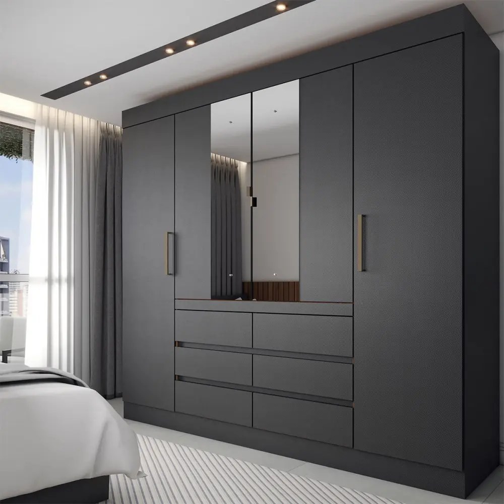 Guarda-roupa Casal Honey 4 Portas 6 Gavetas Com Espelho Preto/Amêndola