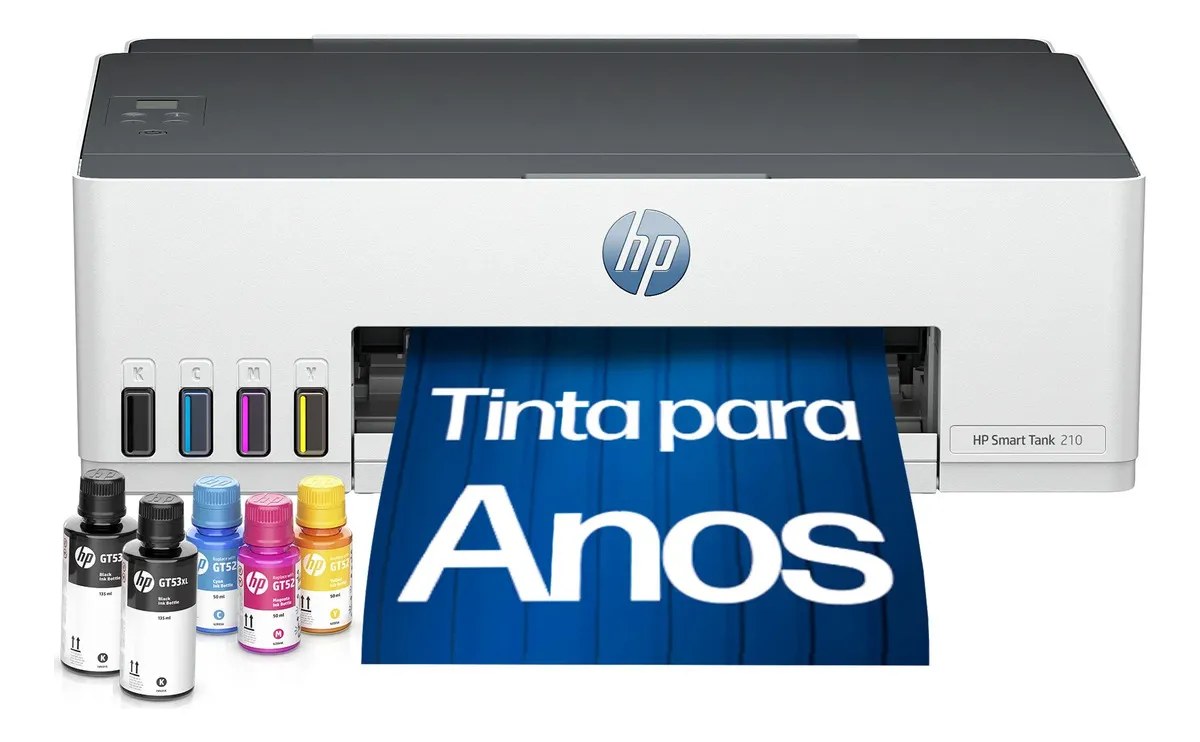 Impressora HP Smart Tank 210 com Tanque de Tinta Colorida - Com Wi-Fi - USB 2.0 de alta velocidade. Funções da impressora: Imprimir. Cor: