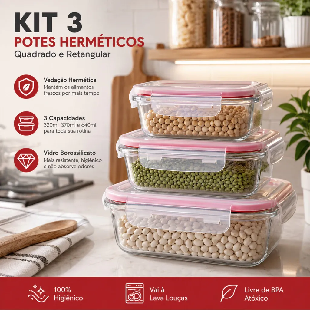 Jogo 3 Potes de Vidro Hermético Retangular com Tampa e Travas Marmita Fit para Cozinha Armazenamento