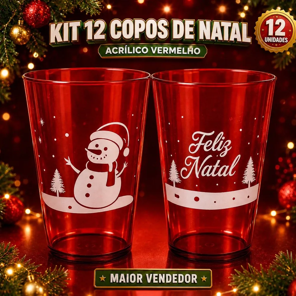 Kit 12 Copos de Natal em Acrílico Vermelho Personalizados para Festas e Lembrancinhas