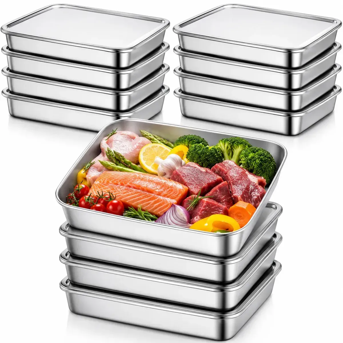 Kit 12 Potes Para Alimentos em Aço Inox Retangular, Com Tampa e de 1 L