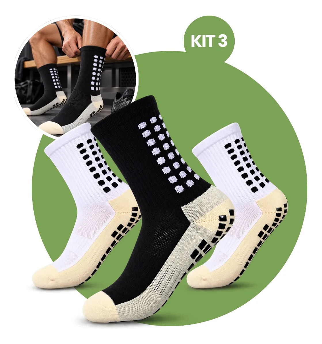 Kit 3 Pares Meia Antiderrapante Esportiva Futebol Treino Pro