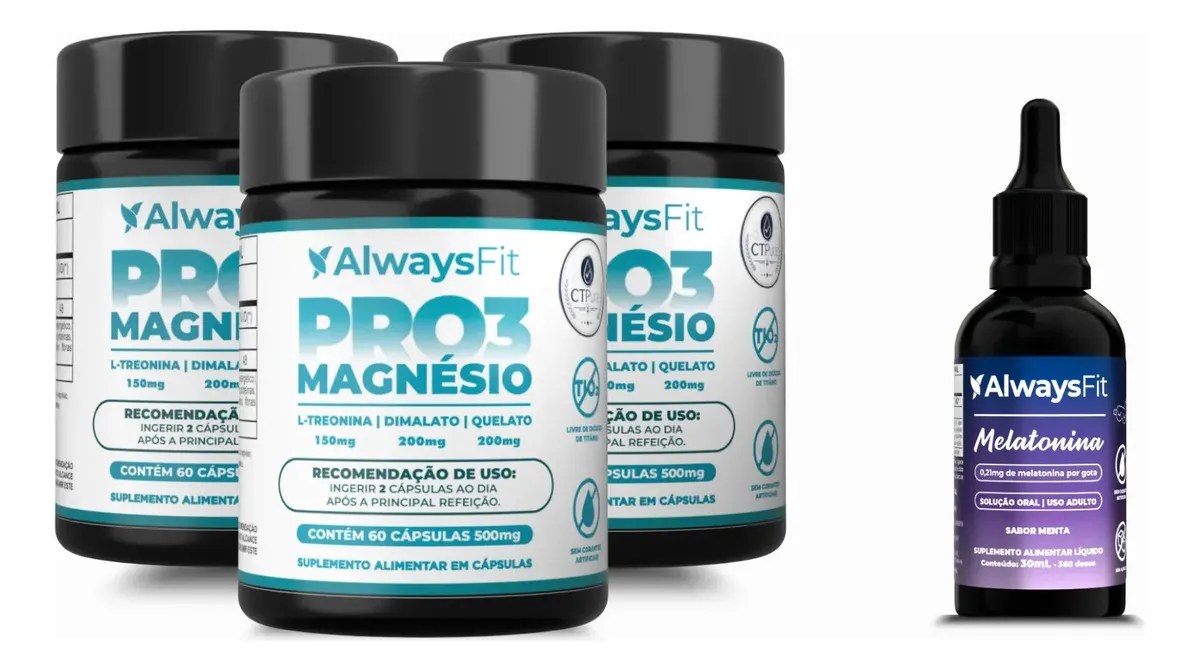 Kit 3x Pro3magnésio Alwaysfit - Magnésio Dimalato + Magnésio Quelato + L-treonina | 180 Cápsulas Sem Sabor