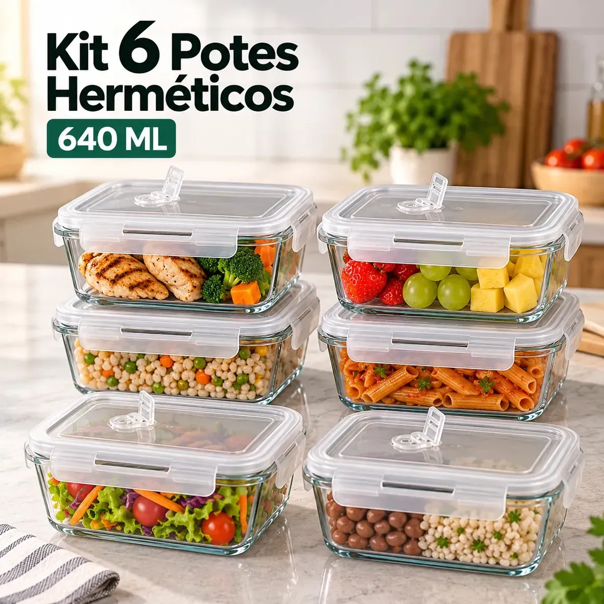 Kit 6 Potes de Vidro Herméticos Borossilicato Com Tampa e Válvula De Respiração 640 ML Para Alimentos Marmita Freezer Microondas Forno Cozin