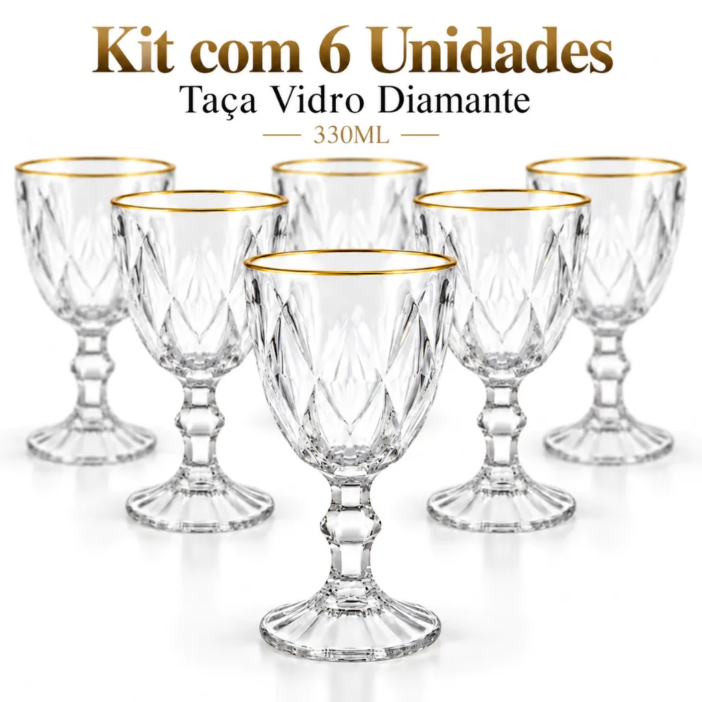 Kit 6 Taça de Vidro Diamante 330ml Facetada Vinho Elegante