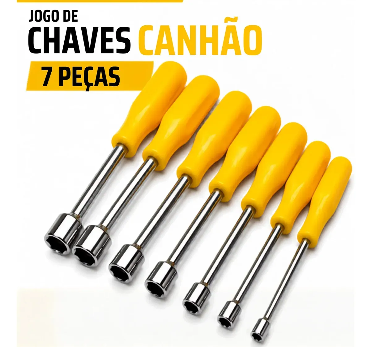 Kit 7 Chaves Canhão Sextavada Peças em Aço Carbono Jogo Soquetes 5mm até 12mm Alta Resistência Ferramenta de Uso Profissional e Residencial