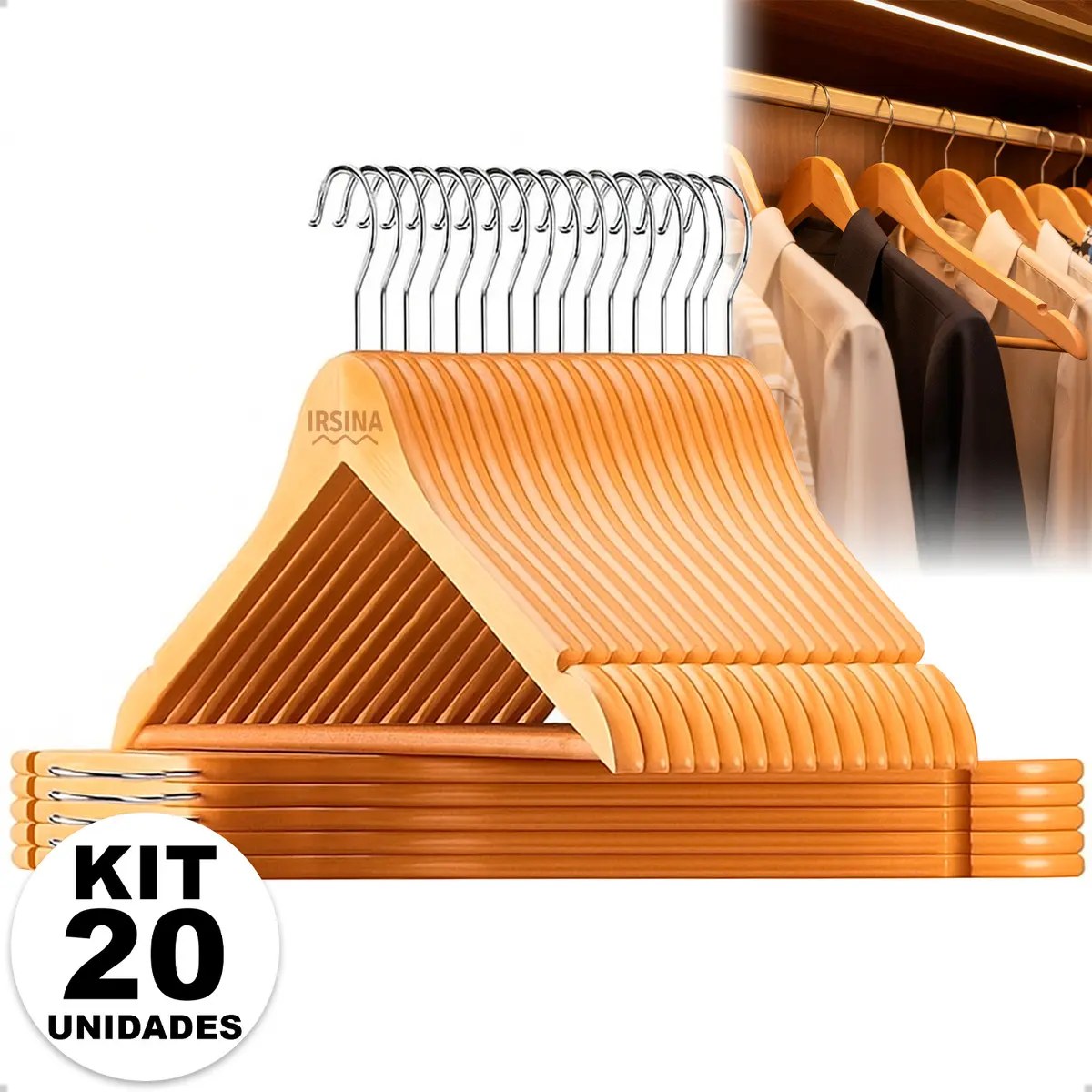 Kit Cabide Madeira Mafim Antiderrapante para Roupa Adulto Reforçado Irsina