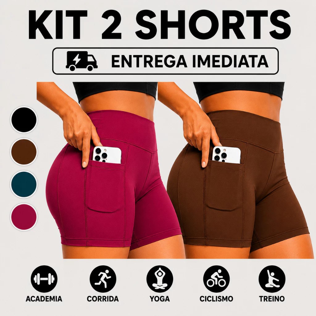 Kit com 2 Shorts Femininos Academia Suplex Premium com Bolso