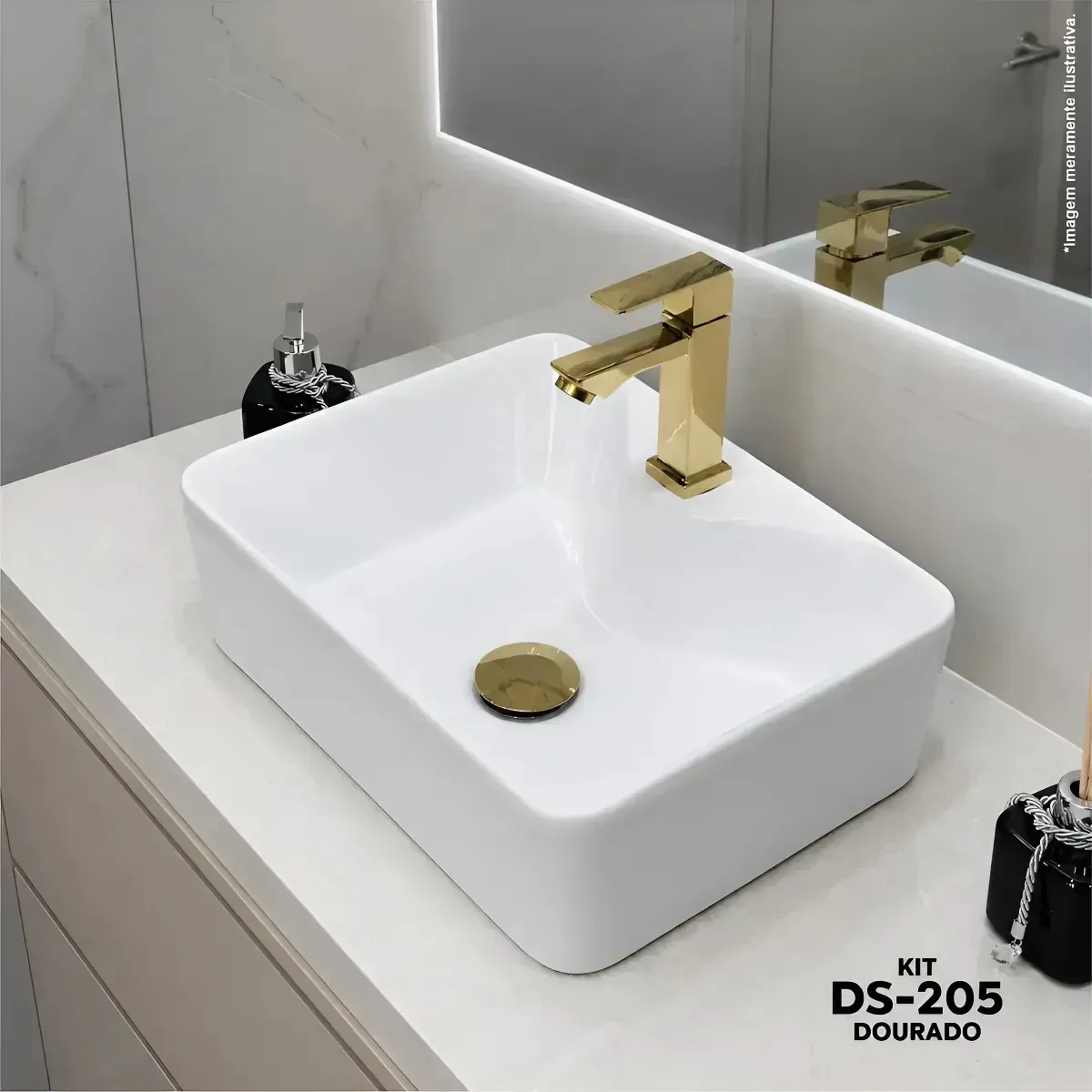 Kit Completo De Cuba Pia Apoio 30x40 Branca Louça Banheiro Lavabo Com Brinde De Válvula Click Dourada + Torneira Lavatório Dourada Bica Baix