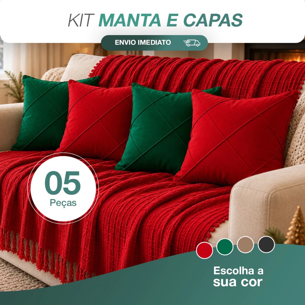 Kit Manta Decorativa P + 04 Capas de Almofada Suede Drapeada Decoração Natalina