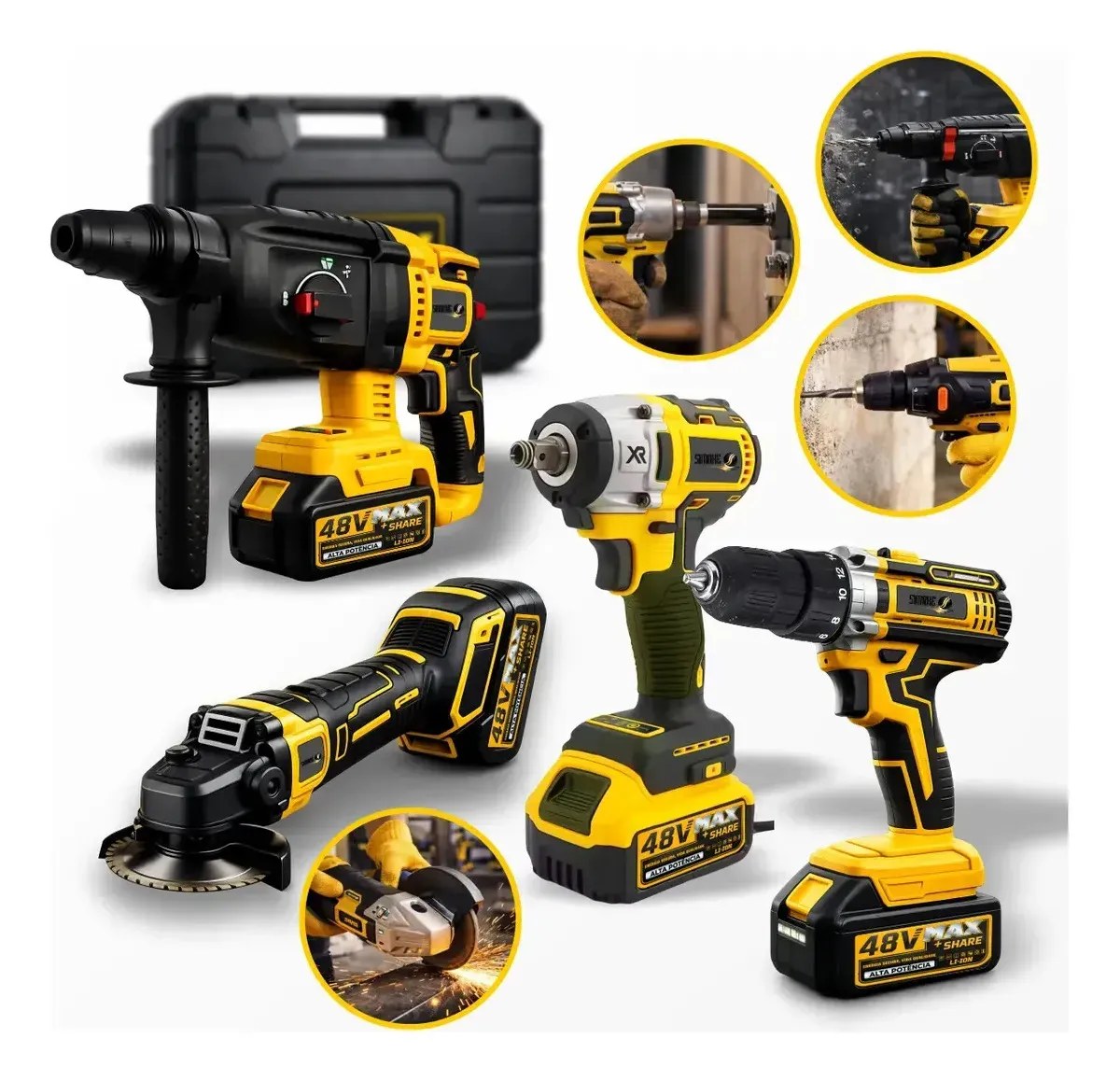 Kit Multi Ferramentas 4 Em 1 48v Sem Fio Com 2 Baterias Furadeira Parafusadeira Martelete Esmerilhadeira Chave De Impacto Com Maleta Alta Po