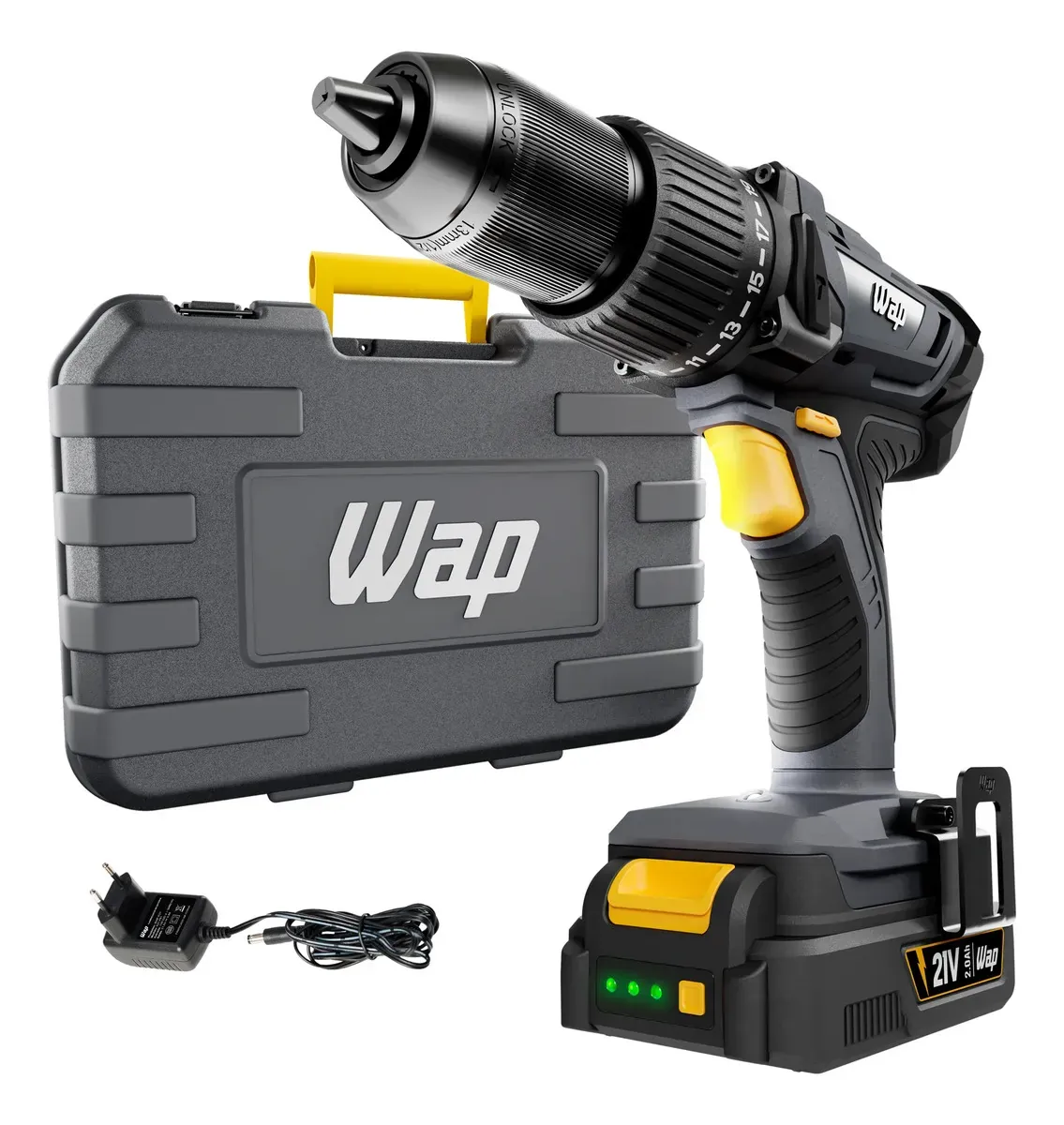 Parafusadeira E Furadeira De Impacto WAP K21 ID03 Sem Fio Com Maleta Organizadora Bivolt