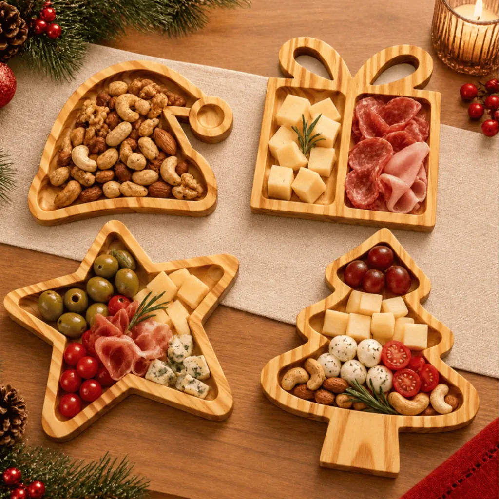 Petisqueira de Natal Madeira Pinus Tábua de Frios Mesa Posta Petiscos Gorro Presente Pinheiro Estrela