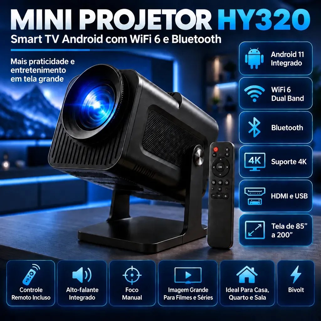 Projetor HY320 Mini Portátil Hardline Smart TV Android WiFi 6 390 ANSI Lumens Full HD Suporte Bluetooth 85-200 Polegadas Alto Falante Com Co