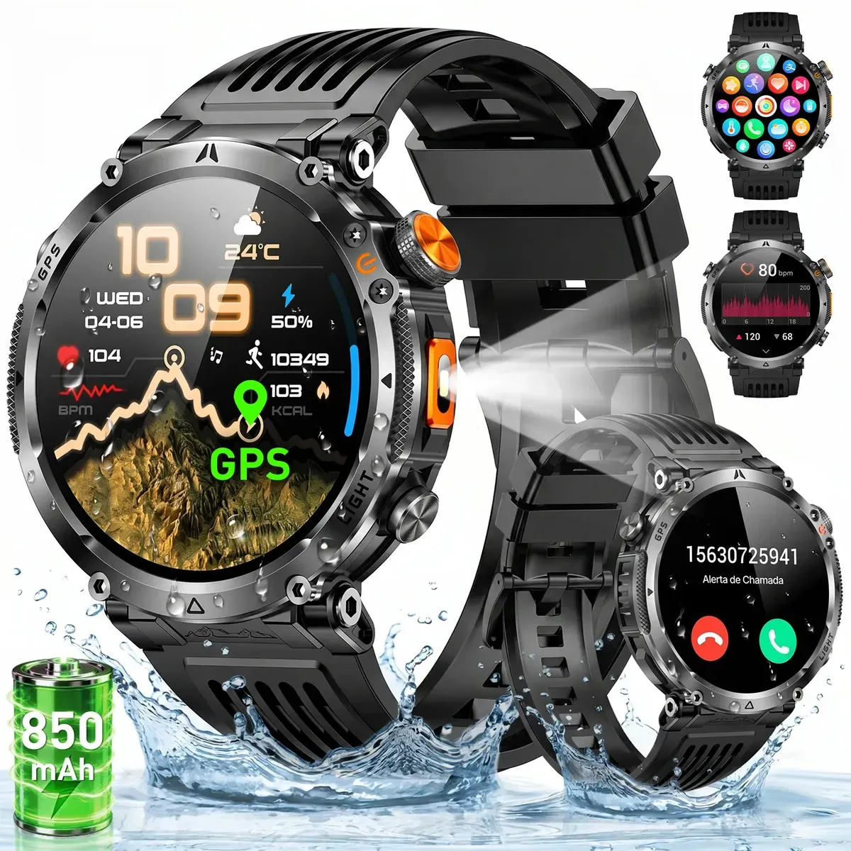 Relógio Inteligente Smartwatch Gps Autônomo IP68 3ATM À prova dágua 850mAh Preto NOVANTE Digital Feminino Masculino Esportivo Android IOS No