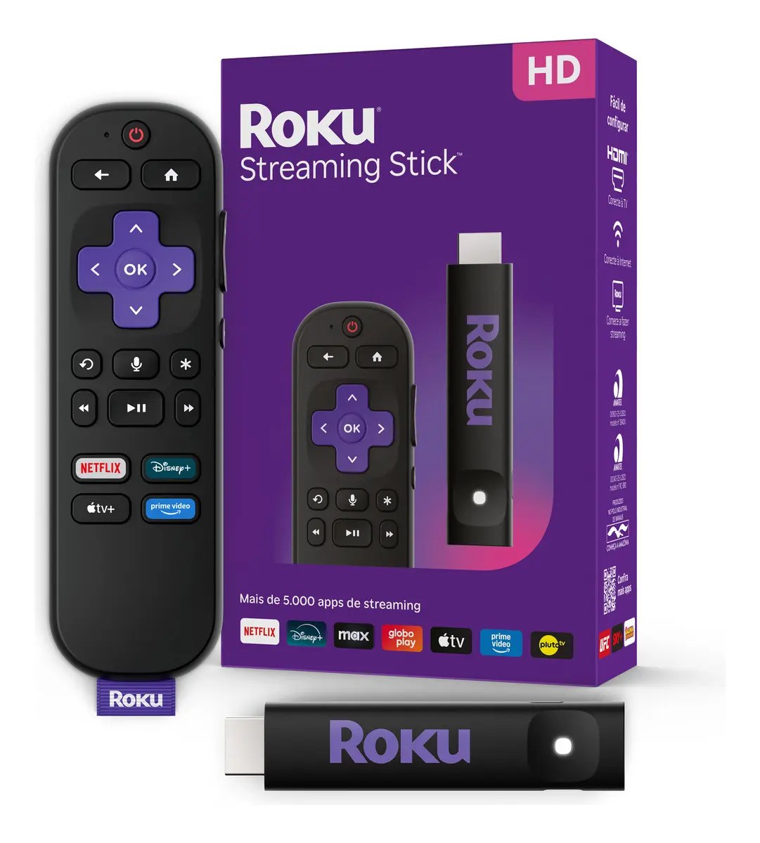 Roku Streaming Stick Para Tv Hd/fhd Controle Por Voz Preto De Voz