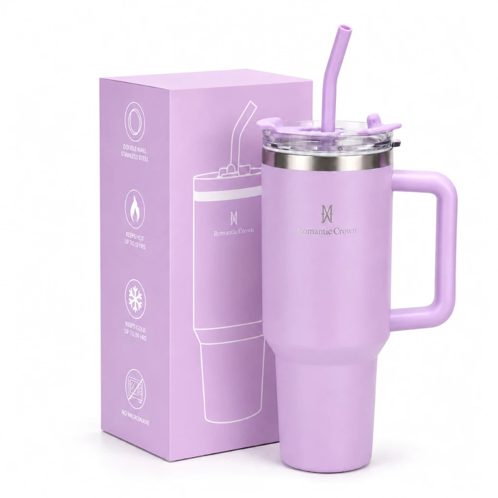 ROMANTIC CROWN Copo Térmico Inox Portátil 1200ml/600ml com Tampa e Canudo Garrafa Térmica Inoxidável