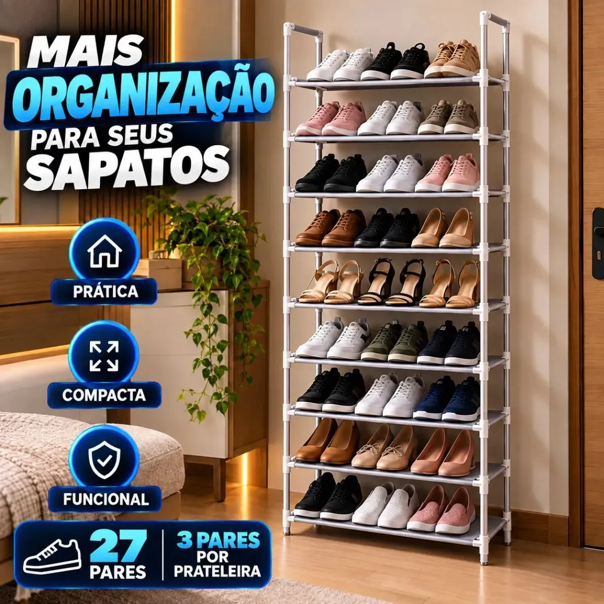 Sapateira Organizador de Sapatos 9 Andares Vertical Desmontável Compacta com Prateleiras para Quarto Closet Entrada e Lavanderia