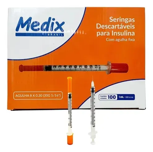 Seringa Insulina 1ml 100ui Agulha Fixa 0,8x0,30mm 30g 1 Ml