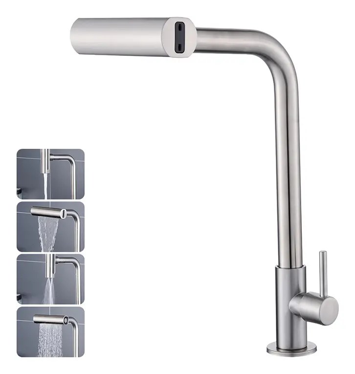 Torneira Cozinha Bancada Inox 304 Água Fria Bica Alta Gourmet 4 Modos De Água Estilo Cascata Torneira Pia Cozinha Moderna, Torneira Flexivel