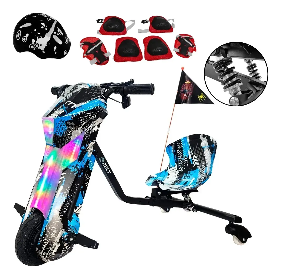 Triciclo Patinete Drift Com Amortecedor Roda Grande 8 Pol Elétrico 36v 20km/h Até 120kg Azul Zelt