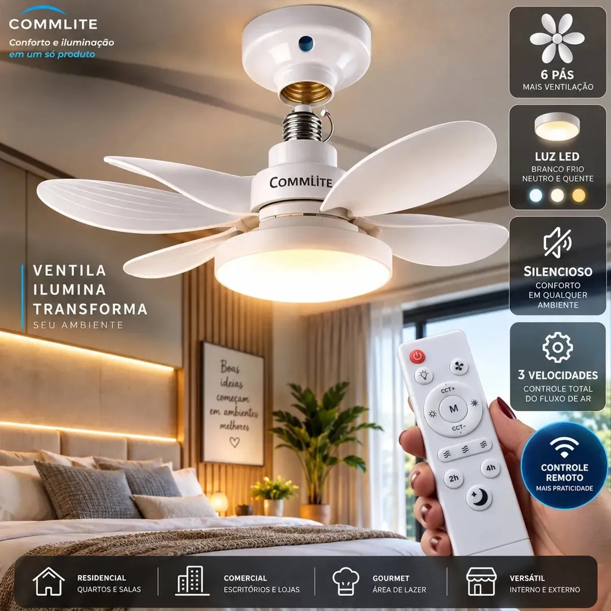 Ventilador de Teto 60W Silencioso Lâmpada Forte com LED, Controle e 6 Pás Soquete E27 Para Residencial Comercial Interno Externo Quarto Sala