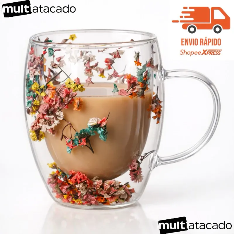 Xícara Caneca de vidro duplo com flores artificiais no interior 250ml xicara decoração vaso de flor copo feminino xicara